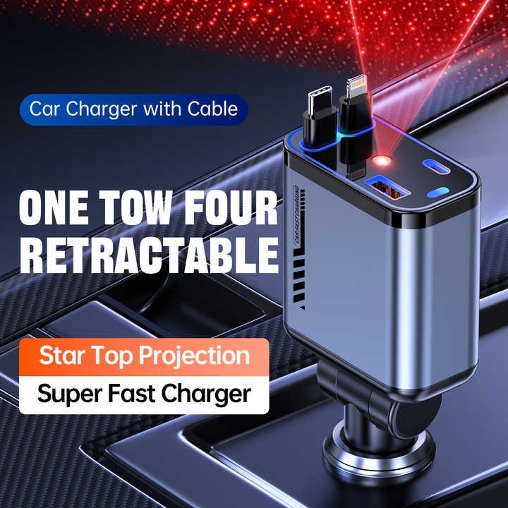4 - in - 1 Retractable Car Charger with LED Star Projection – Fast Charging USB Adapter - Emirati Elegance