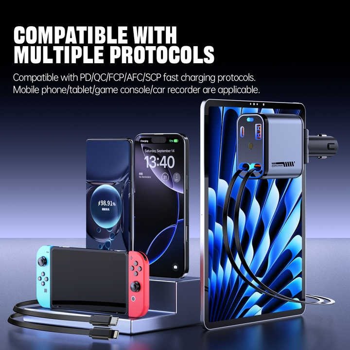 4 - in - 1 Retractable Car Charger with LED Star Projection – Fast Charging USB Adapter - Emirati Elegance