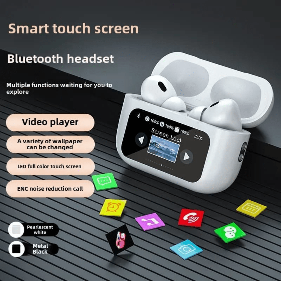 Smart Touchscreen Bluetooth Earbuds with LED Display & Video Player Case - Emirati Elegance