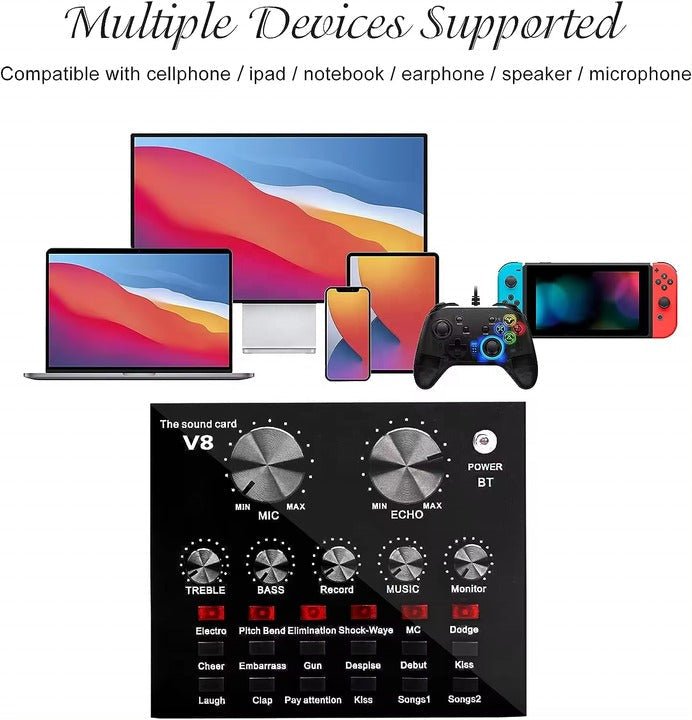 V8 Sound Card Audio Mixer – Multi - Device Compatible for Streaming & Recording - Emirati Elegance